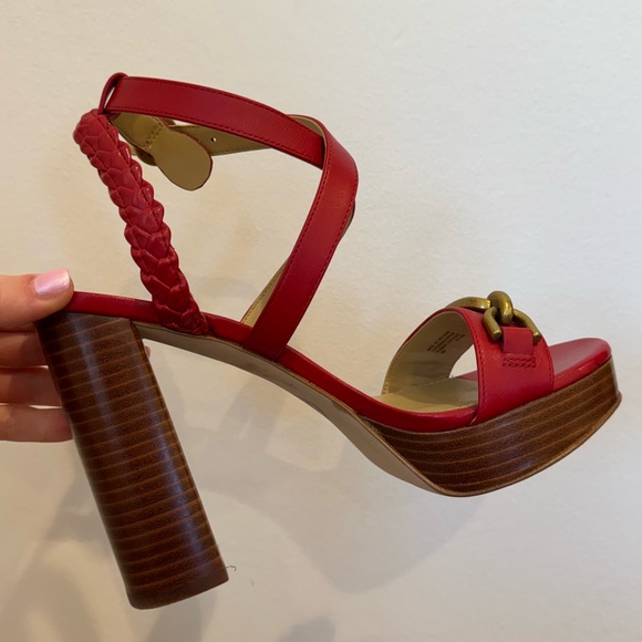 Michael Kors Women Red Kailey Leather Braided Strap Chunky Platform Heels Size 8 - Picture 8 of 15